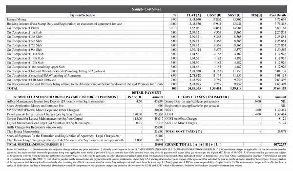 Purva Park Hill Cost Sheet